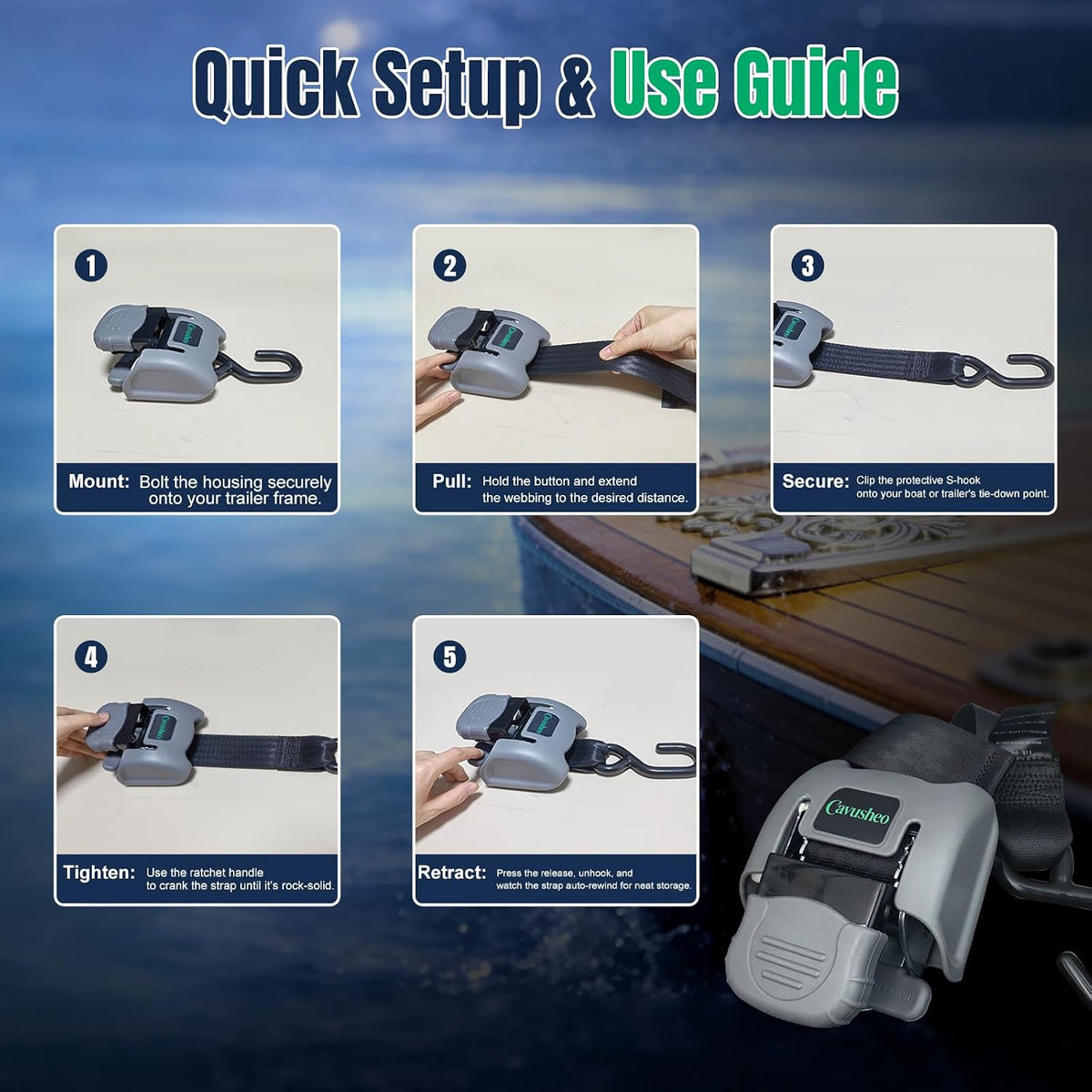 2Pack Retractable Boat Transom Tie Down Straps 2" x 43" 2500 lbs Strength