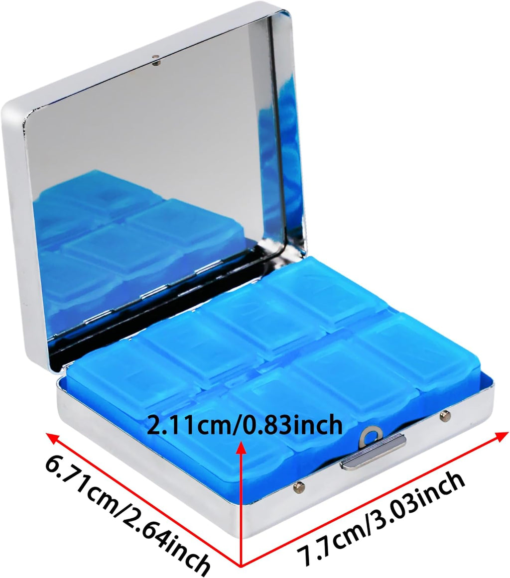 8‑Compartment Metal Pill Box Organizer – Portable Medicine Case 3″×2.6″ | Food‑Grade Dividers | Secure Snap Button