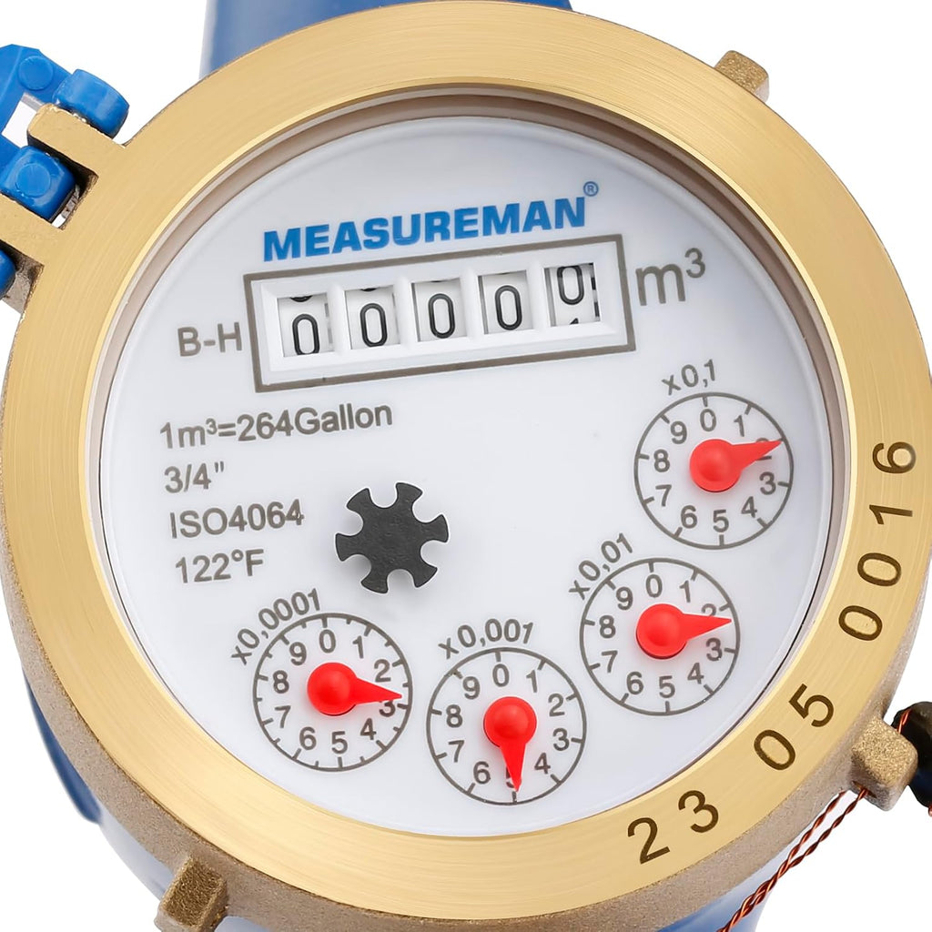 MEASUREMAN 3/4" Non-Pulsed Multi-Jet Cubic Meter Water Meter Brass Body 20mm Flow Cold Water Monitoring for Homes Apartments