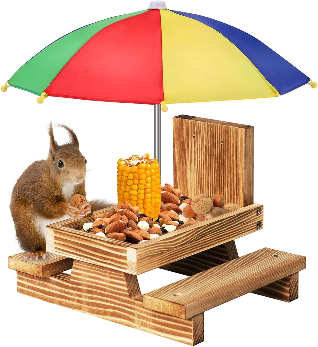 Gnodary Squirrel Feeder with Umbrella, Squirrel Feeders for Outside, Squirrel Picnic Table Feeder - Chipmunk Feeder