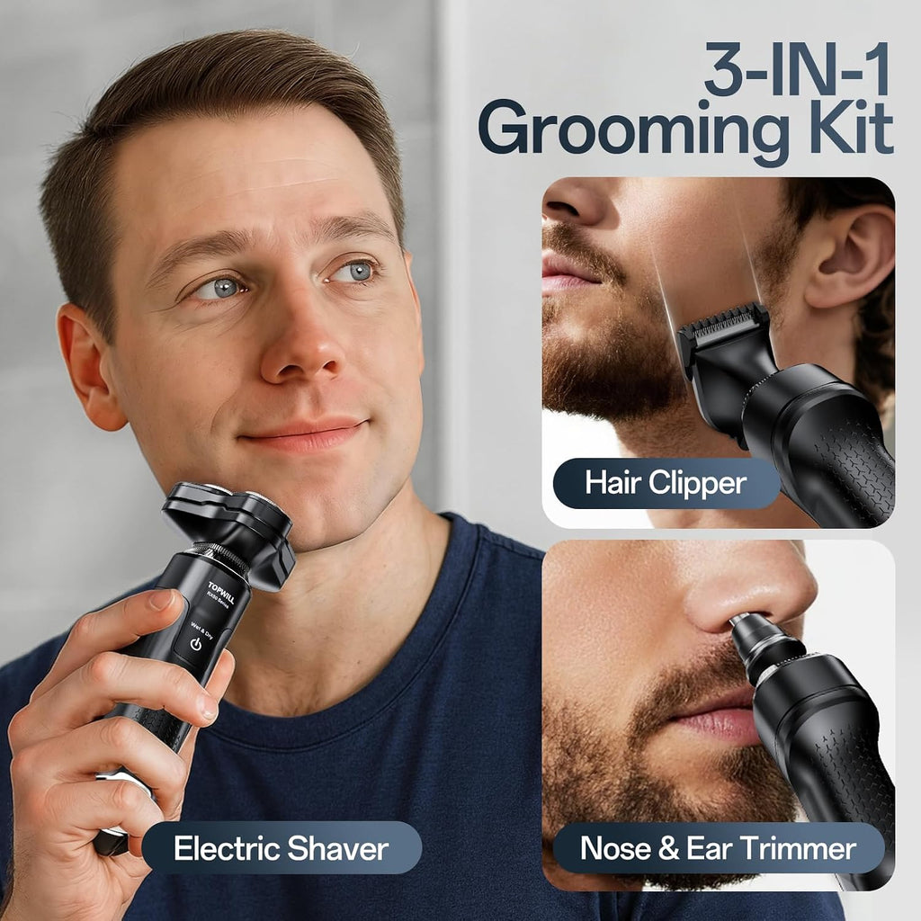 Electric Shaver for Men, 3-in-1 Rechargeable Razor and Trimmer | Face, Beard, Nose, Waterproof Wet/Dry Use, USB-C