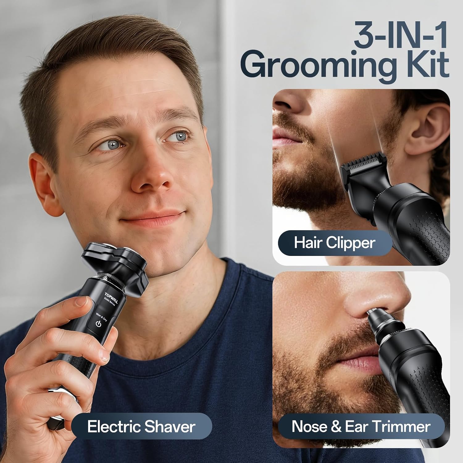 Electric Shaver for Men, 3-in-1 Rechargeable Razor and Trimmer | Face, Beard, Nose, Waterproof Wet/Dry Use, USB-C