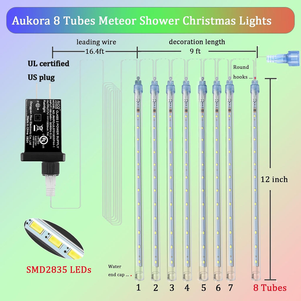 Outdoor Christmas Lights, Meteor Shower Falling Rain String Light | UL Certified Straight Plug 12inch 8 Tubes 192