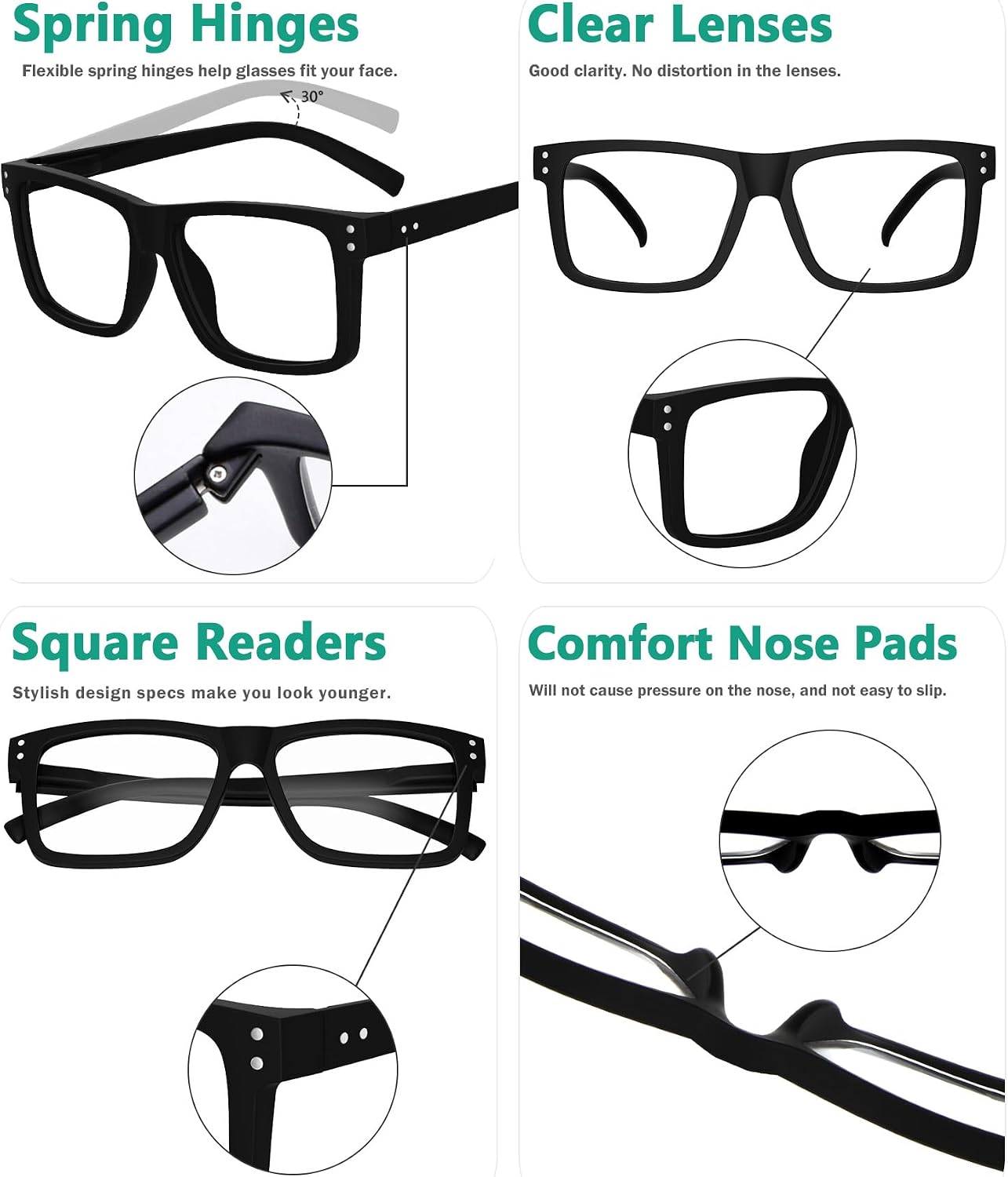 5-pack Oversized Reading Glasses Square Large Frame Readers for Men and Women - Black +2.00