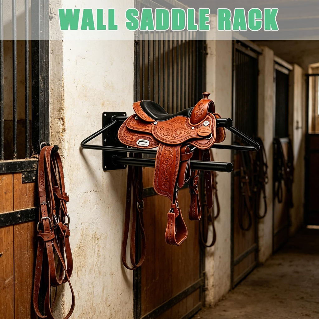 4 Pack Wall Mounted Saddle Rack with Pad Bar, Heavy Duty Black Horse Saddle Stand for English & Western Saddles