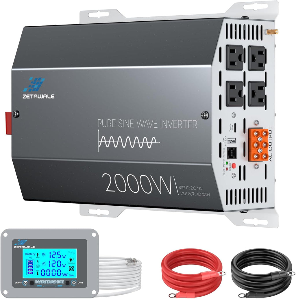 2000W Pure Sine Wave Inverter 12V DC to 120V AC Converter with LCD Remote | 4000W Peak,4AC Outlets, USB & Type-C