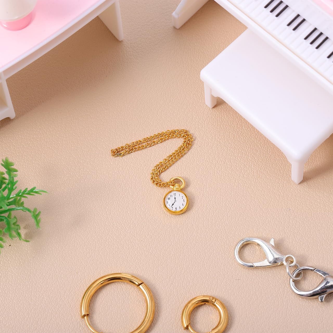 Mini Pocket Watch with Chain, 2.44 in Vintage Dollhouse Accessory | 1:12 Scale Miniature Watch for Tiny House