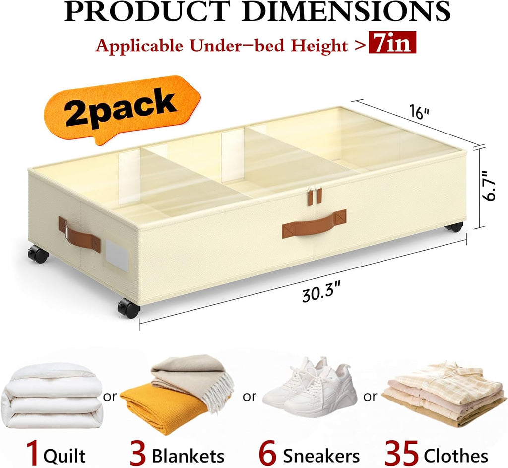 Under Bed Storage with Wheels, 2 Pack Under Bed Storage Containers with Adjustable Dividers & Clear Lid, Rolling