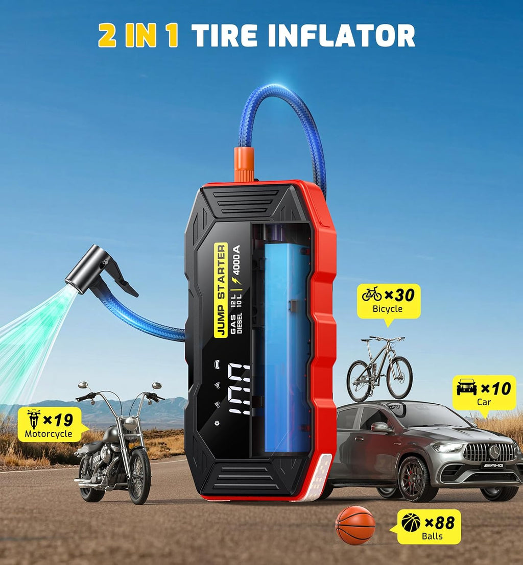 Jump Starter with Air Compressor 4000A Portable Car Battery Jump Starter (All Gas/10L Diesel), 160PSI Auto-Shutoff