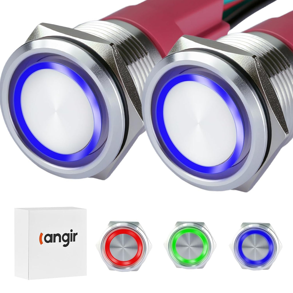 15Amp momentary Push Button Switch，19mm(0.75") 12V-24V Push Button Switch AC/DC IP67 Waterproof LED Angel Eye Light On and Off with Wire Socket