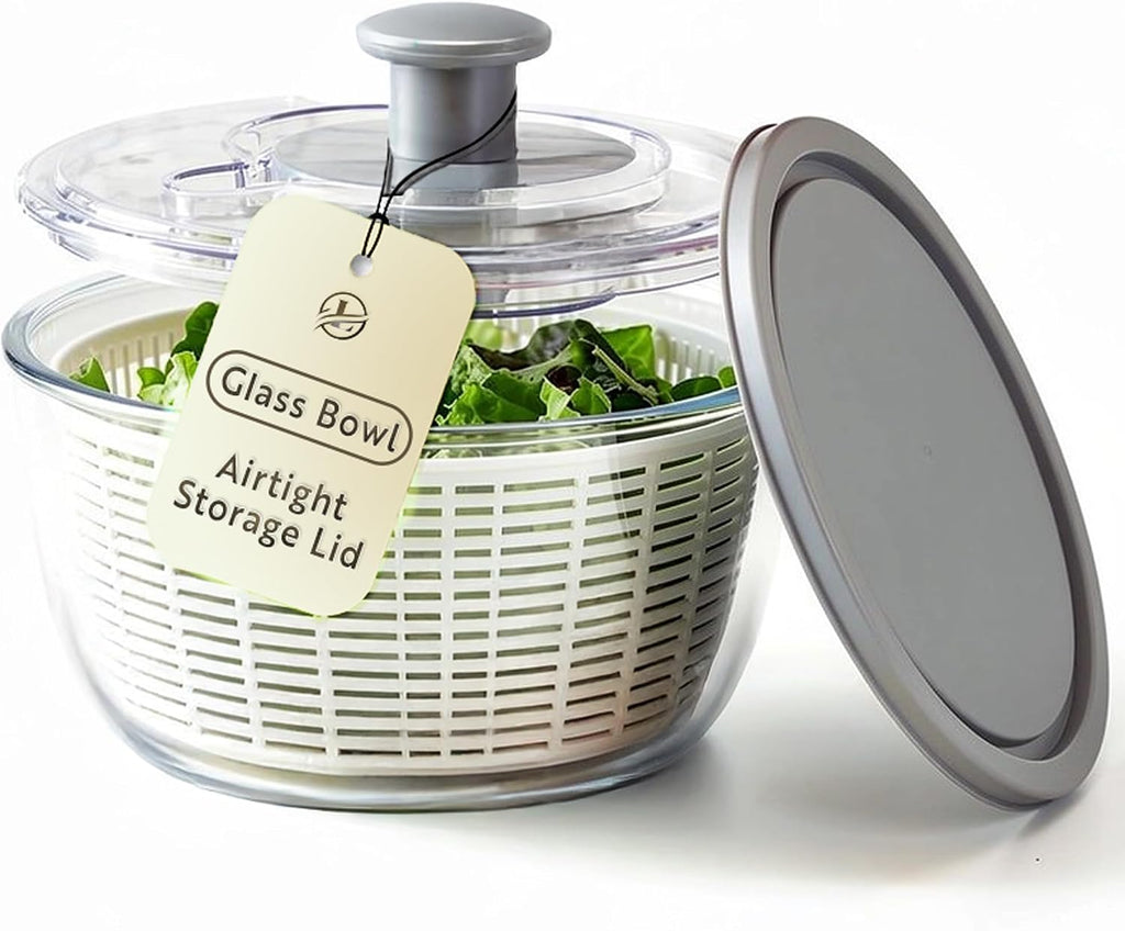 Glass Salad Spinner with Airtight Lid - BPA-Free - Easy Pump Lettuce Spinner Washer | Fruit Washing Bowl with