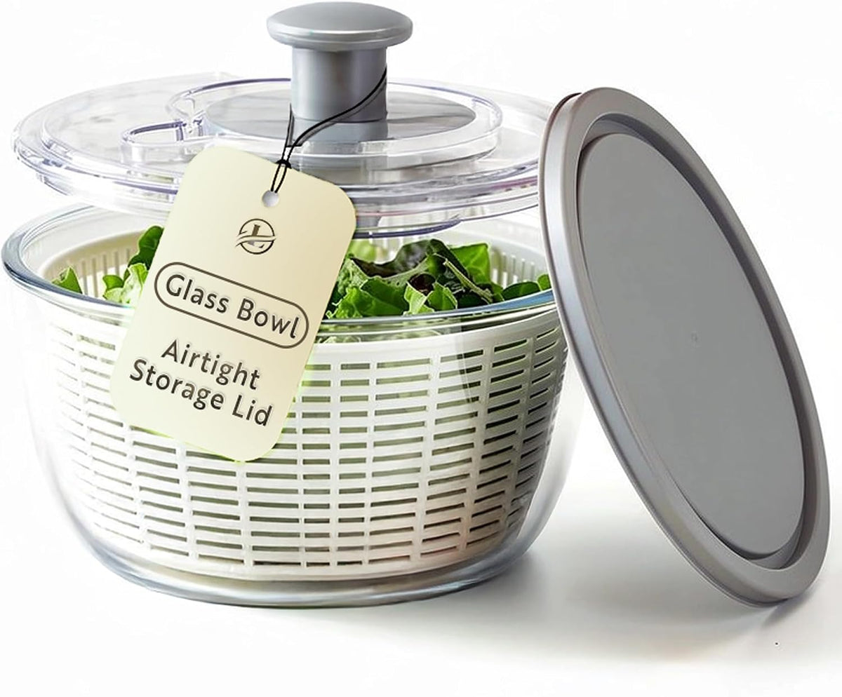 Glass Salad Spinner with Airtight Lid - BPA-Free - Easy Pump Lettuce Spinner Washer | Fruit Washing Bowl with