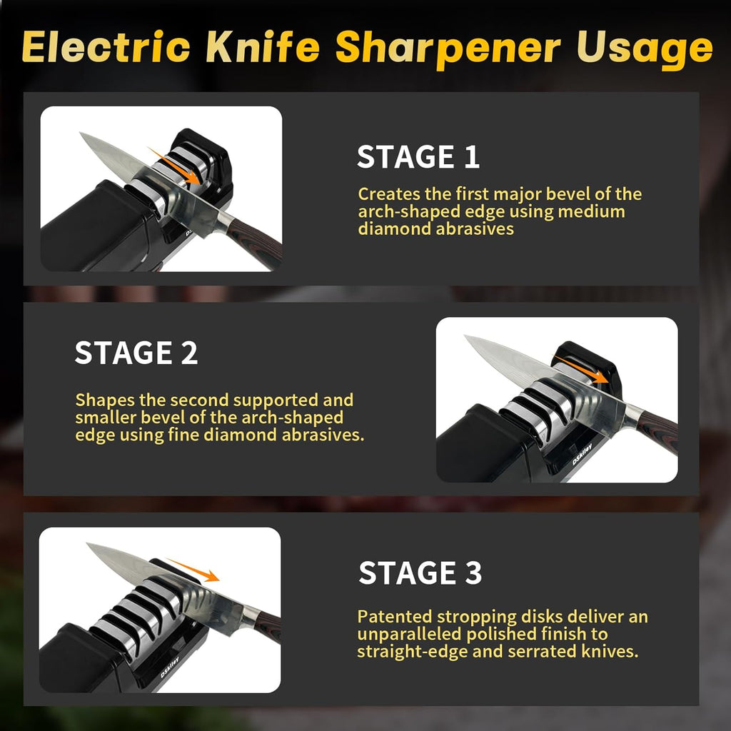 Electric Knife Sharpener for Kitchen – Professional 3-Stage 100% Diamond System with 20° Precision Angle, Fast
