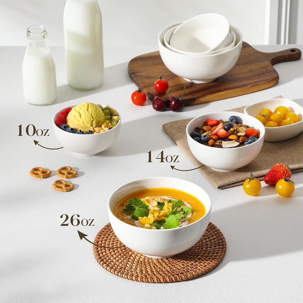 26 Oz White Ceramic Soup Bowls of 4, Cereal Bowls for Kitchen