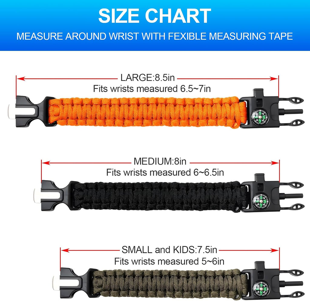 Survival Bracelet Set, 3 Pack with Compass and Whistle | 3 paracord bracelets with compass, whistle and magnesium