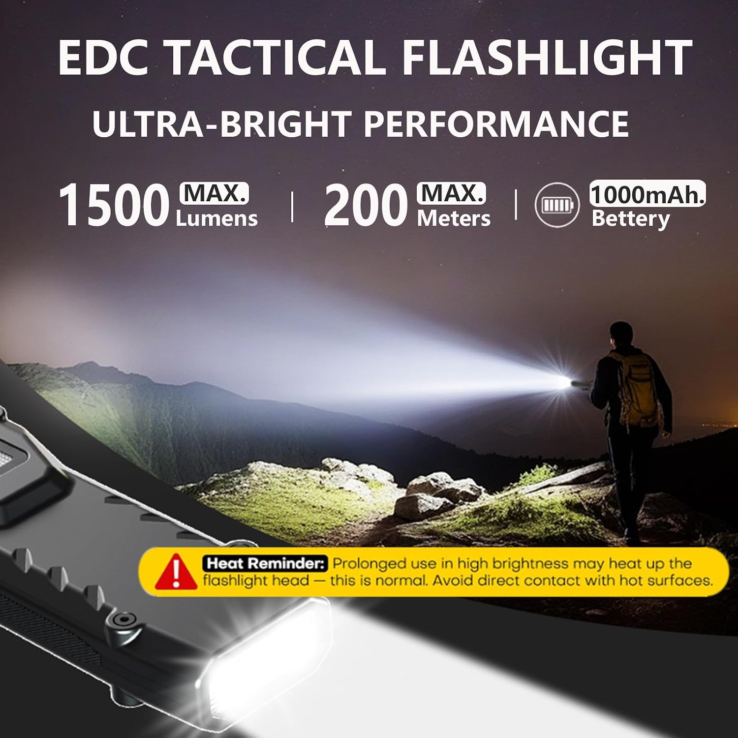 EDC Tactical Flashlight Rechargeable - Digital Display High Lumens Pocket Light,5+4 Modes with UV Red White