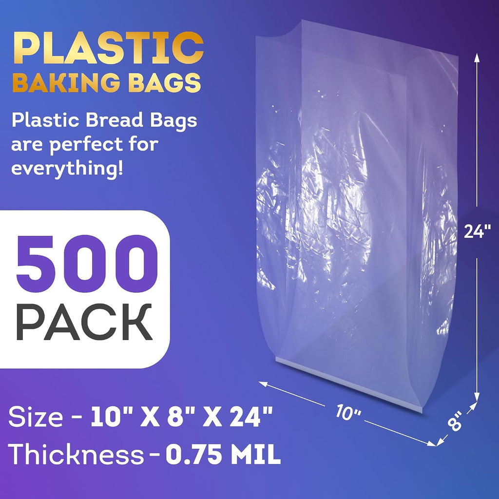 Gusseted Poly Bags, Clear Plastic Bread Bags Open Top, 10 x 8 x 24 Inch, 0.75 Mil, Pack of 500