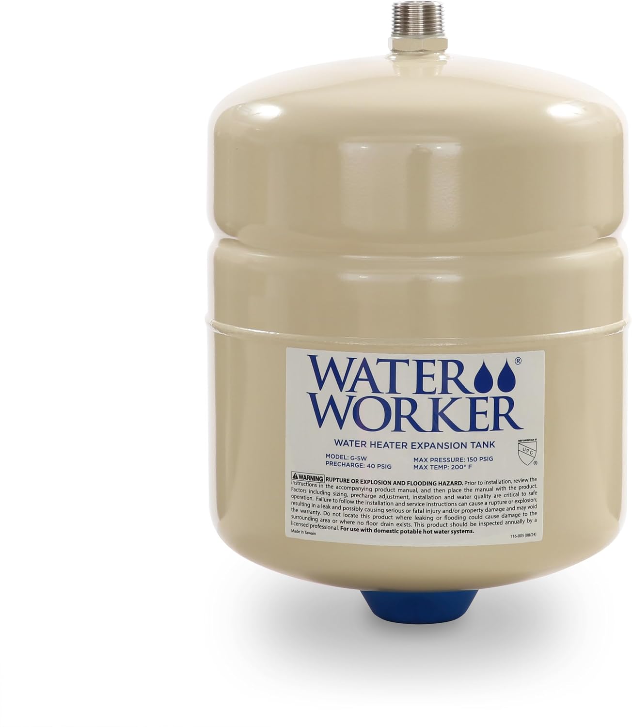 G-5W and G-12W Thermal Expansion Tanks – Pre-Charged, Steel, Vertical Water Heater Expansion Tank – NSF Certified