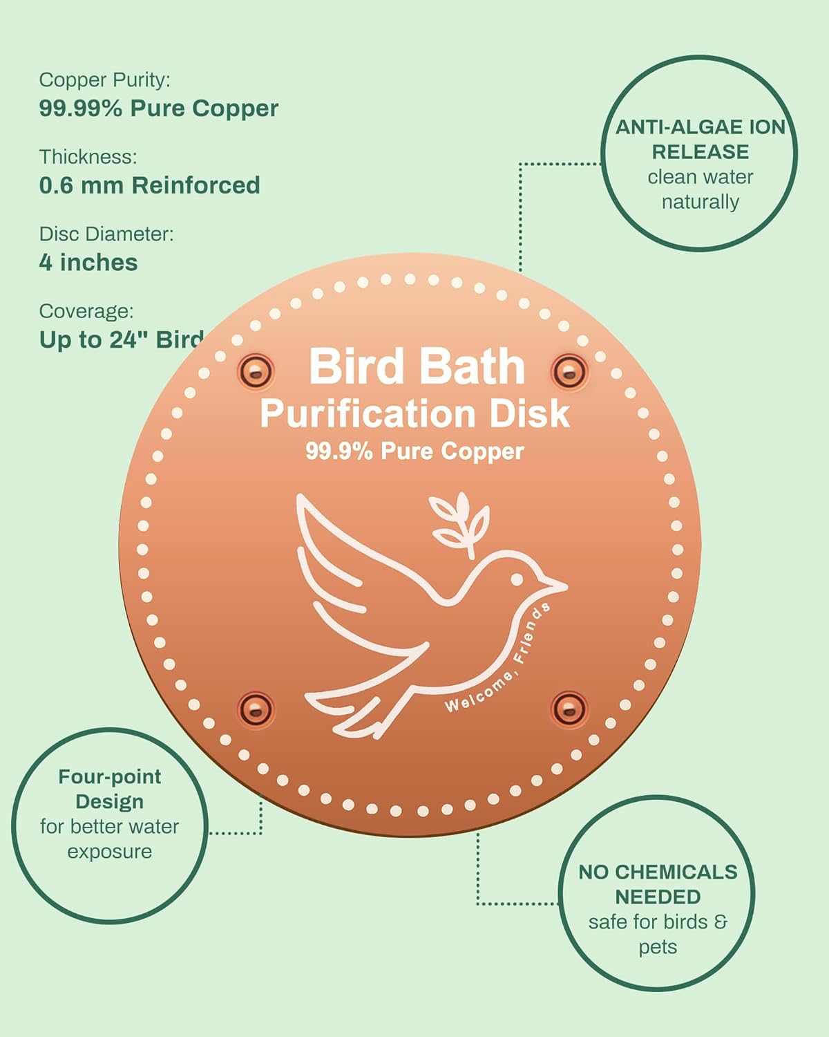 Bird Bath Purification Disc Pure Copper Outside Winter Solar Power Birdbath Disk Heater Deicer Cage Hanging Bowl
