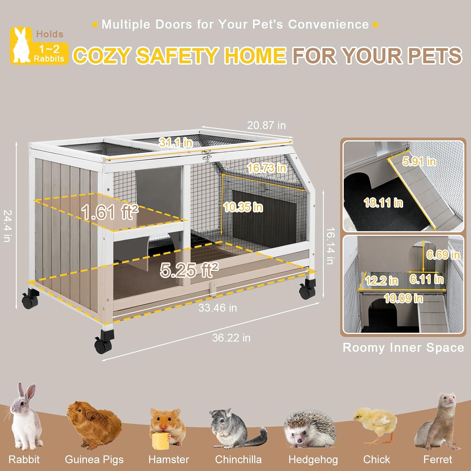 Rabbit Hutch Indoor - Weatherproof, Multi-Level, Easy Assembly, Lockable, and Comfortable | Guinea Pig Cage for Small