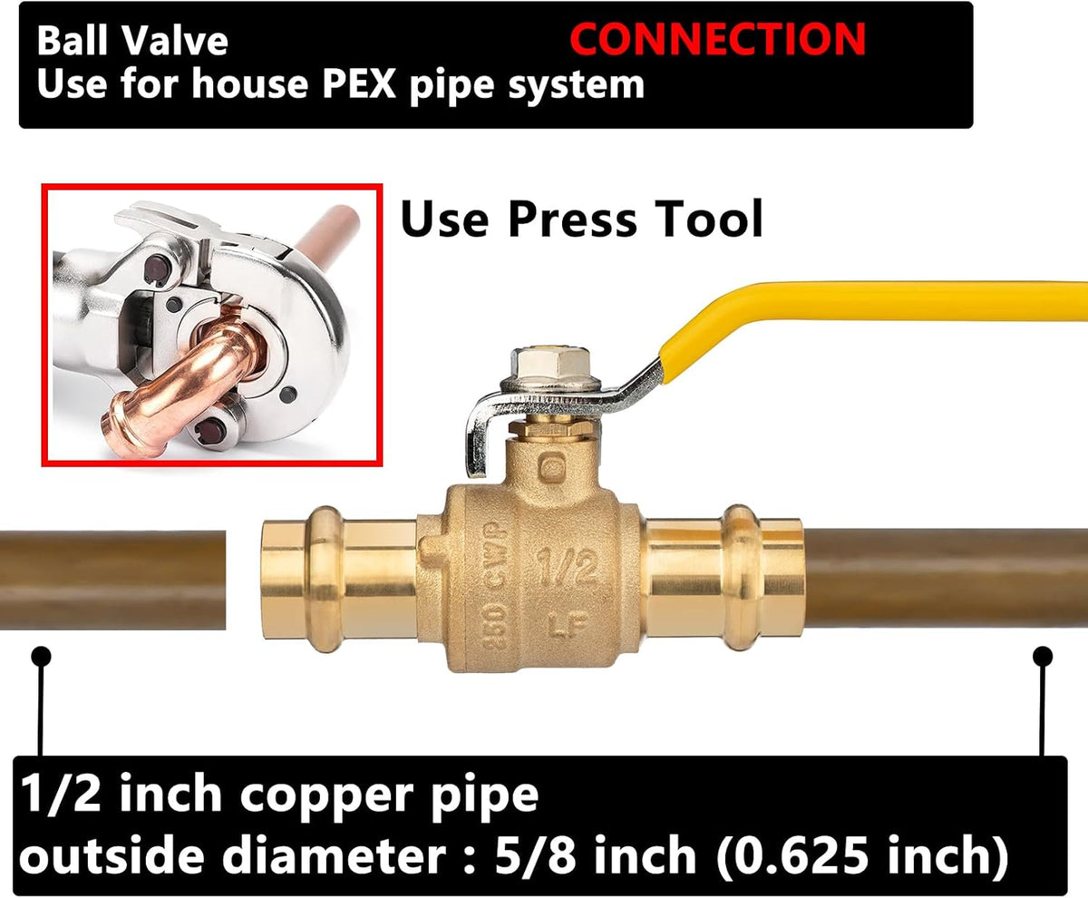 (10 Pack) Lidertik 1/2 inch Press Ball Valve Shut Off Valve 1/4 Turn Yellow Hanndle LI-QF0-PRESS-0.5(10 PCS)