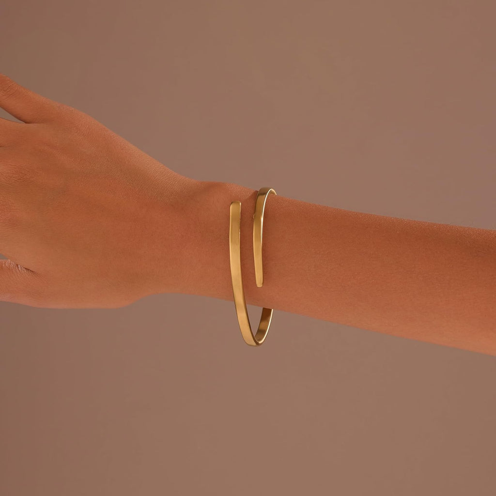Gold Bangle Bracelet for Women, 14k Gold Plated Open Bangle, Stackable Stainless Steel Cuff Bracelets, Chunky Fashion