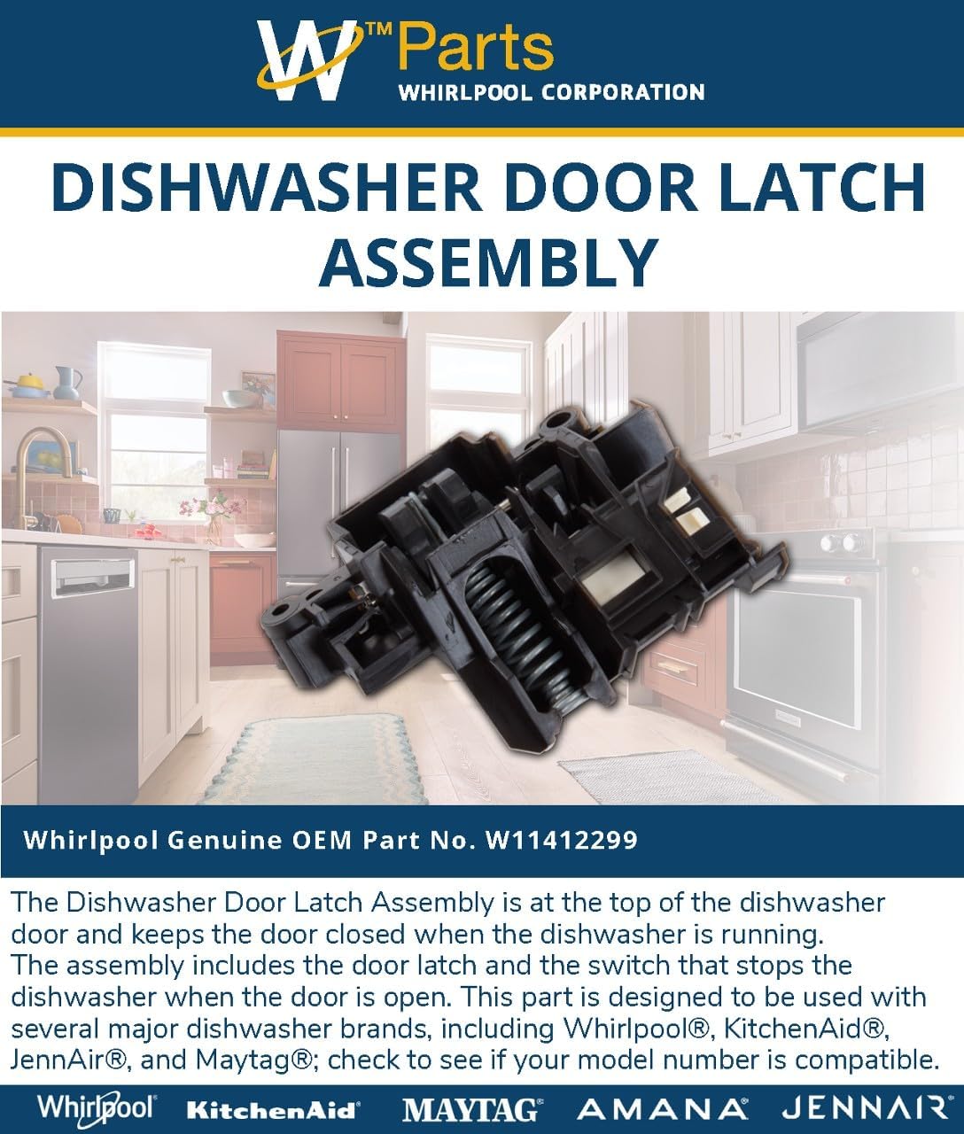 Whirlpool W11412299 OEM Dishwasher Door Latch Assembly, Black