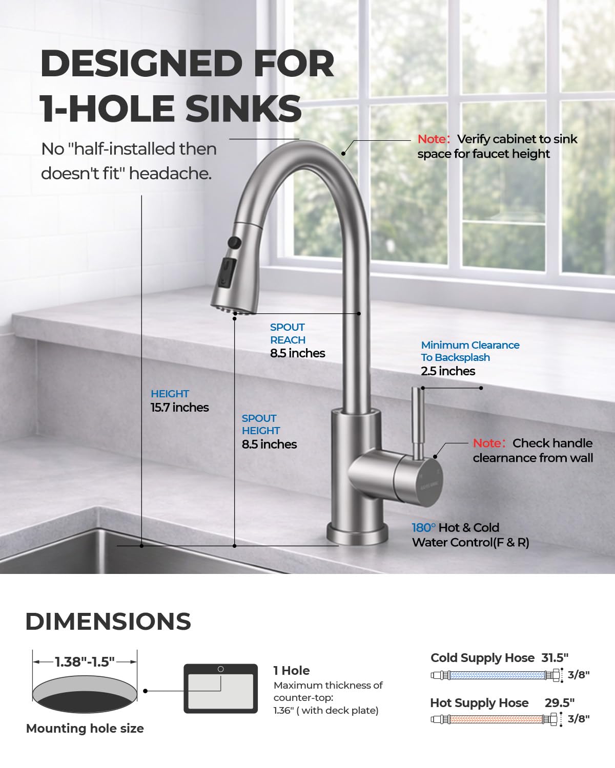 Pull-Down Kitchen Faucet, 3-Mode Sprayer, Brushed Nickel, High Arc