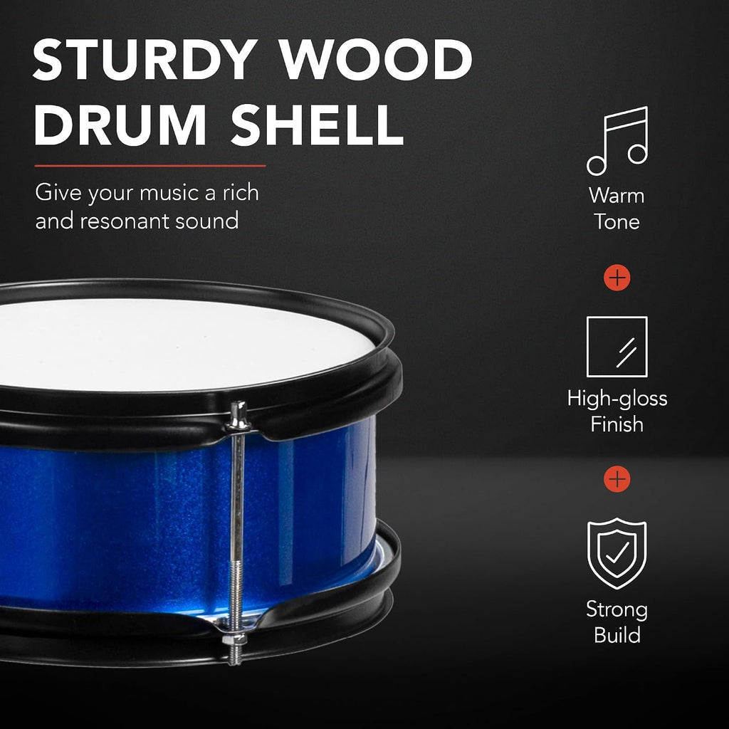 3-Piece Beginner Drum Set for Kids Juniors, w/Throne Stool, Cymbal, Drum Sticks, Bass Drum Pedal, 2 Toms - Blue