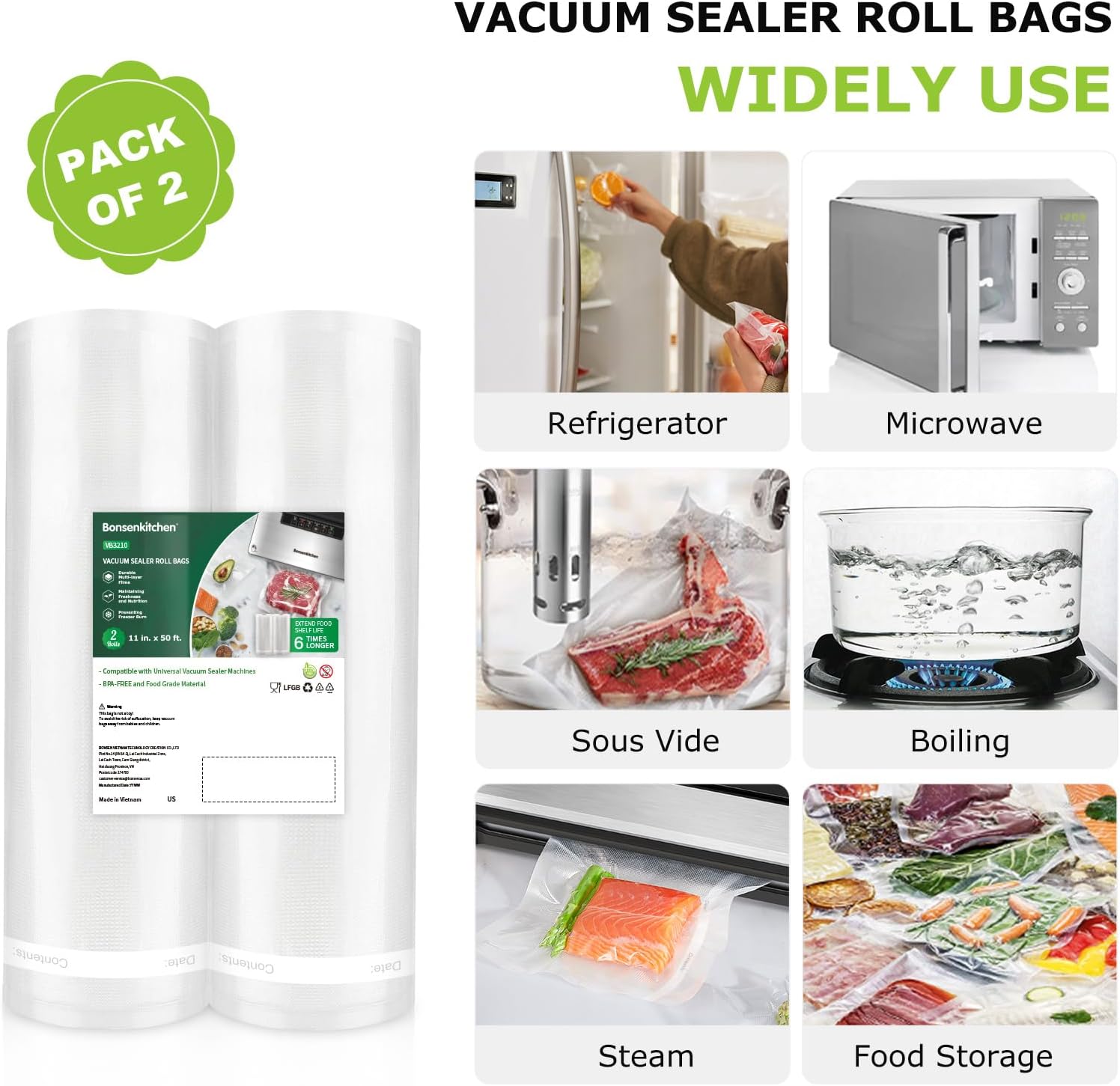 Vacuum Sealer Bags, 2 Rolls 11" x 50', for Food Storage Saver