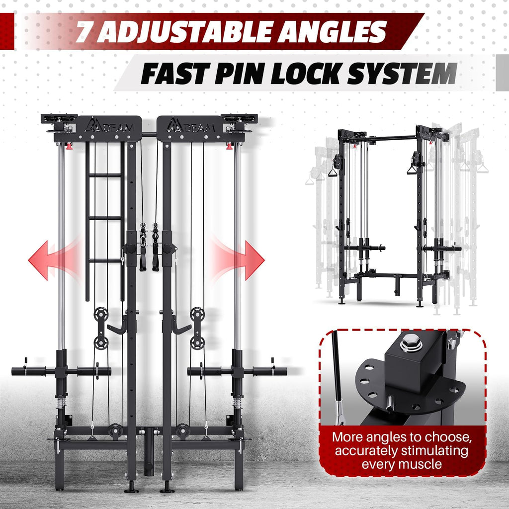 Folding Squat Rack, Wall Mounted Power Rack with Dual Pulley System | Space Saving, All-in-one Trainer, with Cable