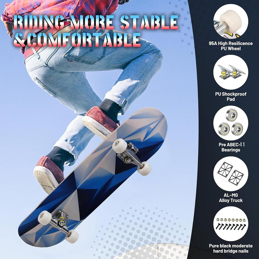 Pro Complete Skateboards for Beginners Girls Boys Kids Youths Teens Adults 31"x8" Skate Boards 7 Layers Canadian