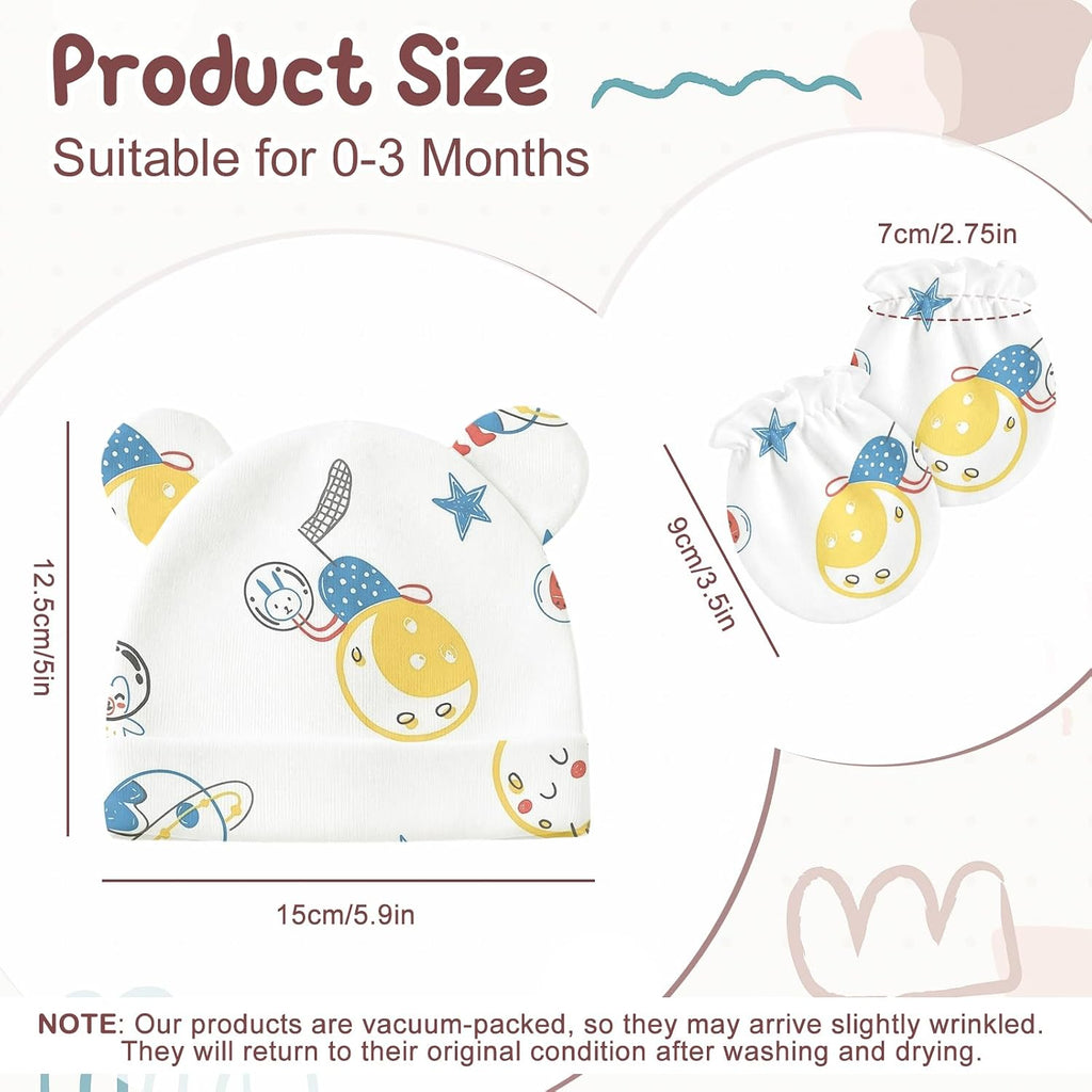 Newborn Baby Hats and Mittens Set, Cotton Infant Baby Boy Girl Bear Ears Caps and Mittens for 0-3 Months