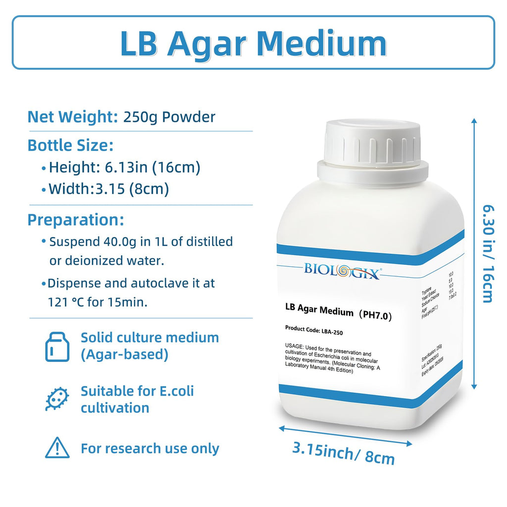 LB Agar Medium Powder, 250g/Bottle, Laboratory Grade with Tryptone, Yeast Paste, Sodium Chloride & Agar, Lysogeny