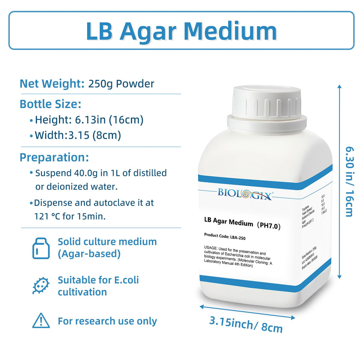 LB Agar Medium Powder, 250g/Bottle, Laboratory Grade with Tryptone, Yeast Paste, Sodium Chloride & Agar, Lysogeny