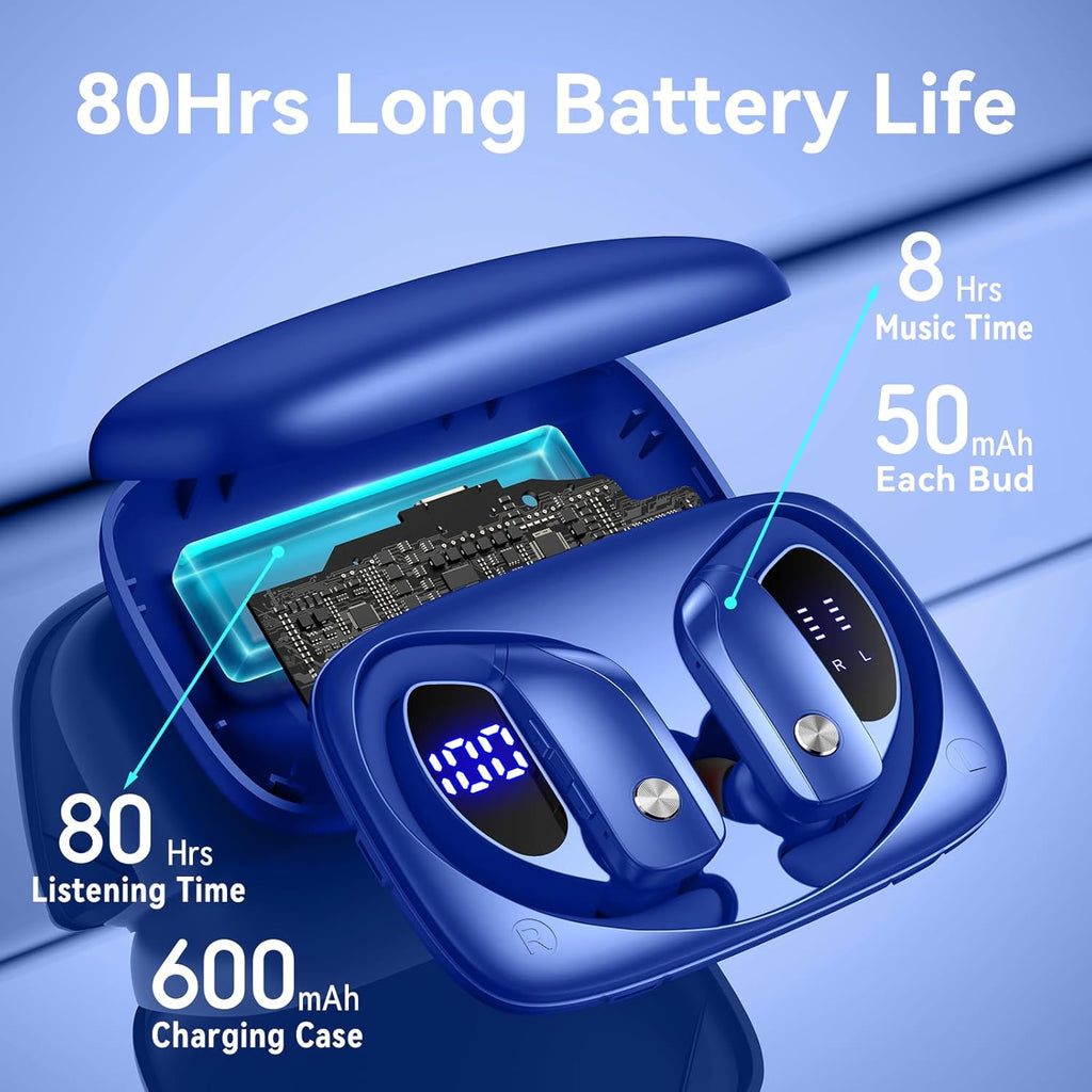 Ear Buds Wireless Earbuds Bluetooth Headphones with 80H Playtime LED Display Case, Over-Ear Hook with Mic, Stereo