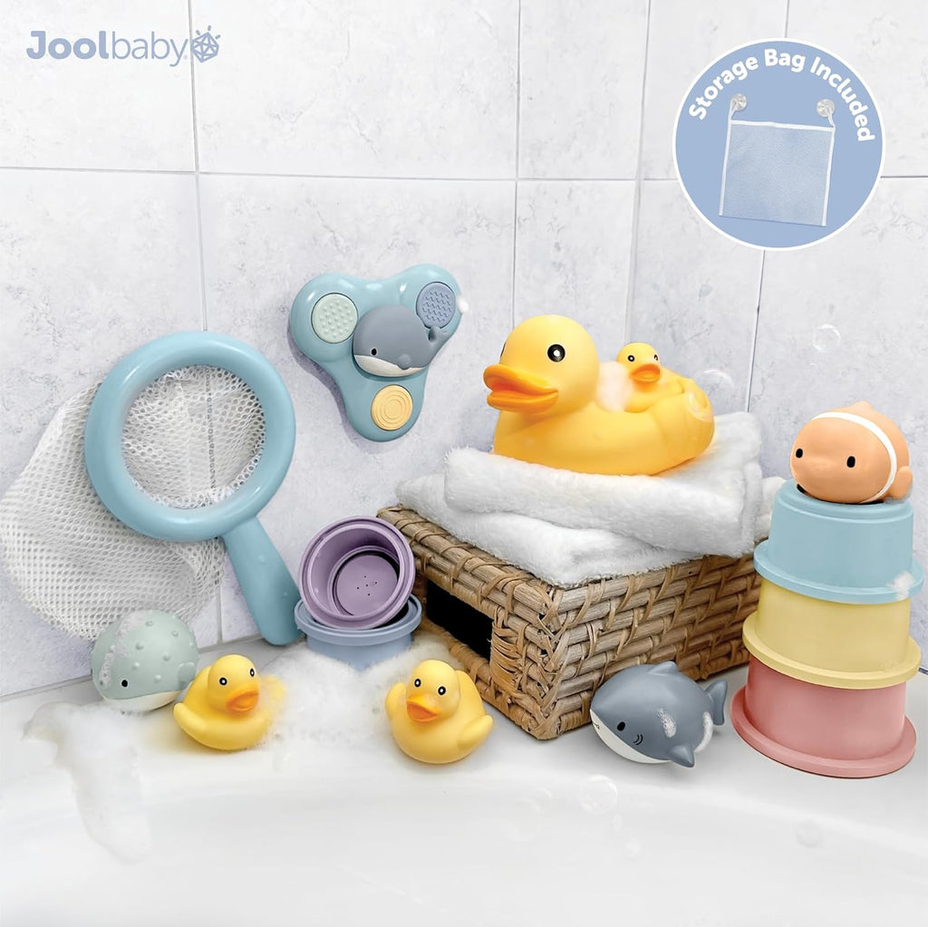 Jool Baby 15-Piece Bathtub Toys Gift Set – Bath Squirts, Rubber Ducks, Whale Fidget Spinner Toy – Bath Toy Storage
