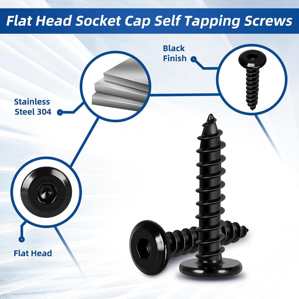 M4 x 30mm Flat Head Socket Cap Self Tapping Screws, Countersunk Wood Screws, 304 Stainless Steel 18-8, Allen Hex Drive, Black Finish, 50 PCS