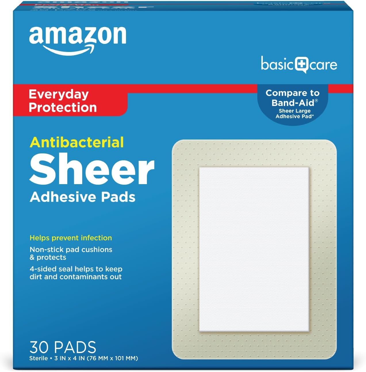 Sheer Adhesive Pad Bandages for Minor Cuts, Scrapes and Wounds, Extra Large 3 x 4 in, Non-Stick Pad, 30 Count