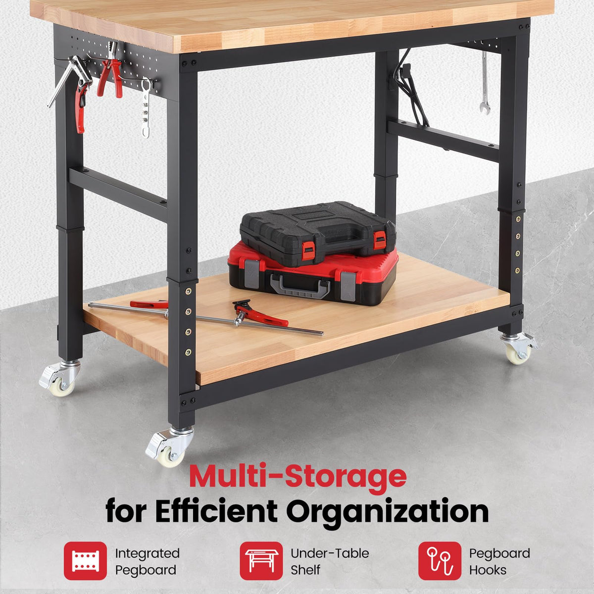 48" Adjustable Height Workbench with Wheels Heavy Duty Work Table with Under Table Shelf, Dual Pegboards & Power