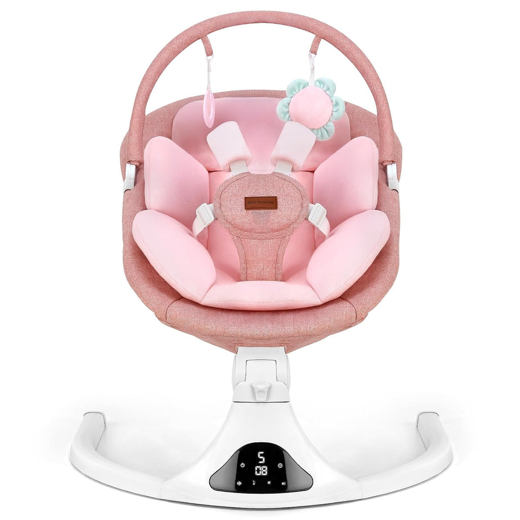 Portable Baby Swing with Remote Control Bluetooth Music 5-Speed Timer Pink | 5‑point safety harness, machine washable
