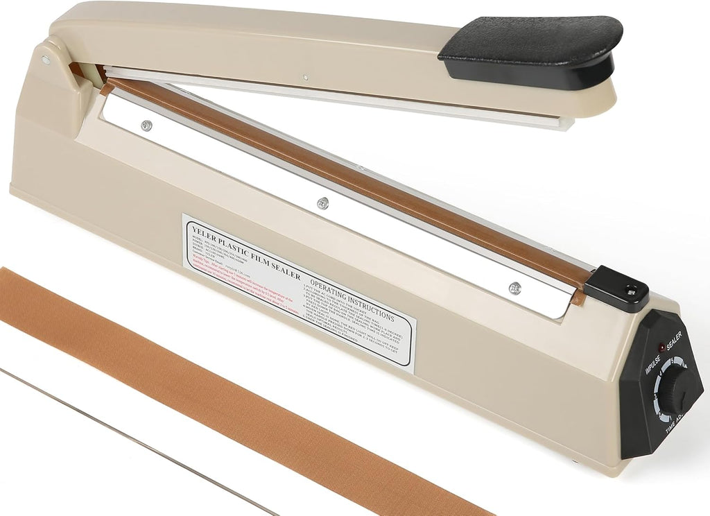 12 Inch Impulse Heat Sealer - Manual Poly Bag Sealer Machine for Plastic PE PP Bags - Extra Replace Element Grip (Beige)