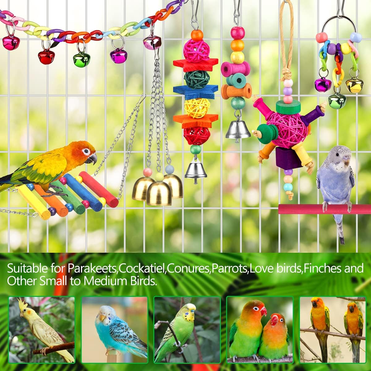 Bird Toys for Conures with Colorful Ladder Hammock Bird Cage Accerious Bird Perch Stand Chewing Toys Hanging Bell for