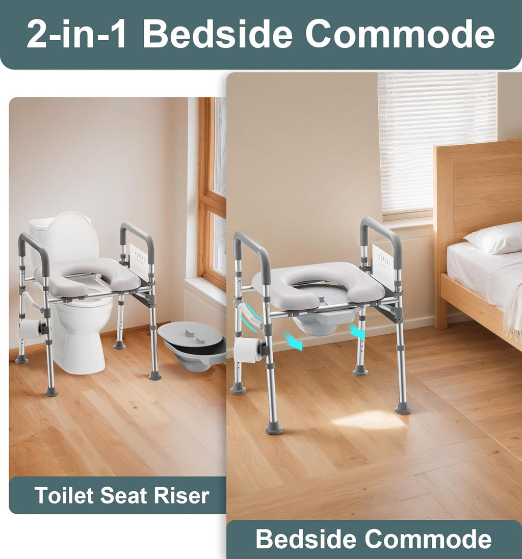 Raised Toilet Seat with Handles, 500lb Toilet Seat Riser for Seniors with Bedpan, Adjustable Height & Width, Handicap