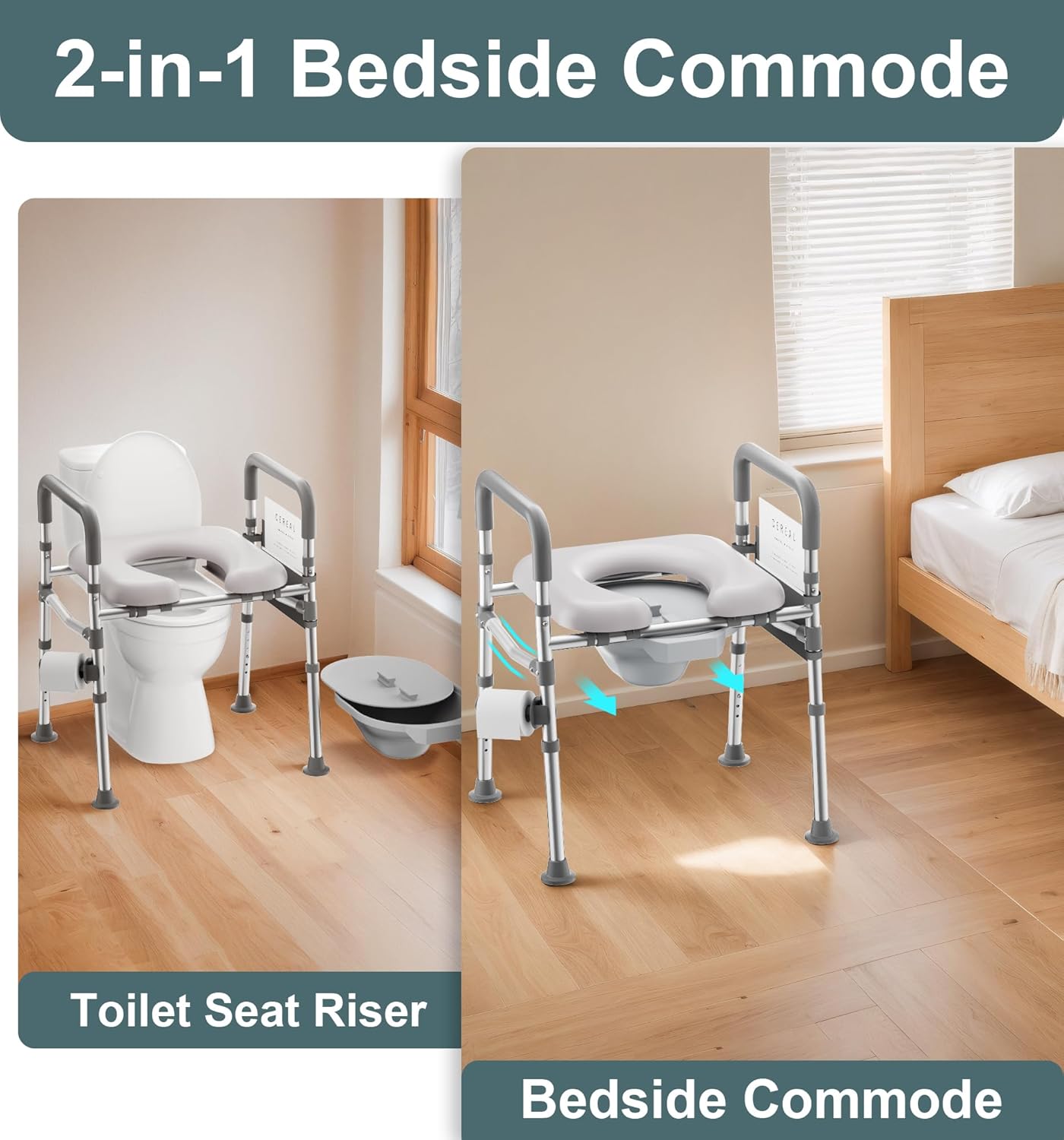 Raised Toilet Seat with Handles, 500lb Toilet Seat Riser for Seniors with Bedpan, Adjustable Height & Width, Handicap