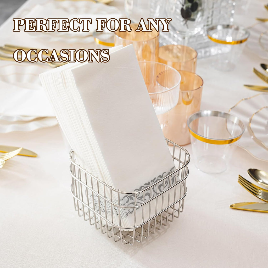 200 Pack Premium Guest Towels with Silver Trim, Linen Feel Napkins