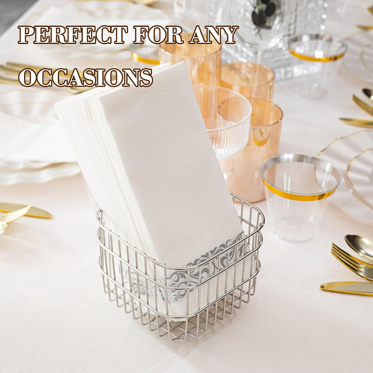 200 Pack Premium Guest Towels with Silver Trim, Linen Feel Napkins