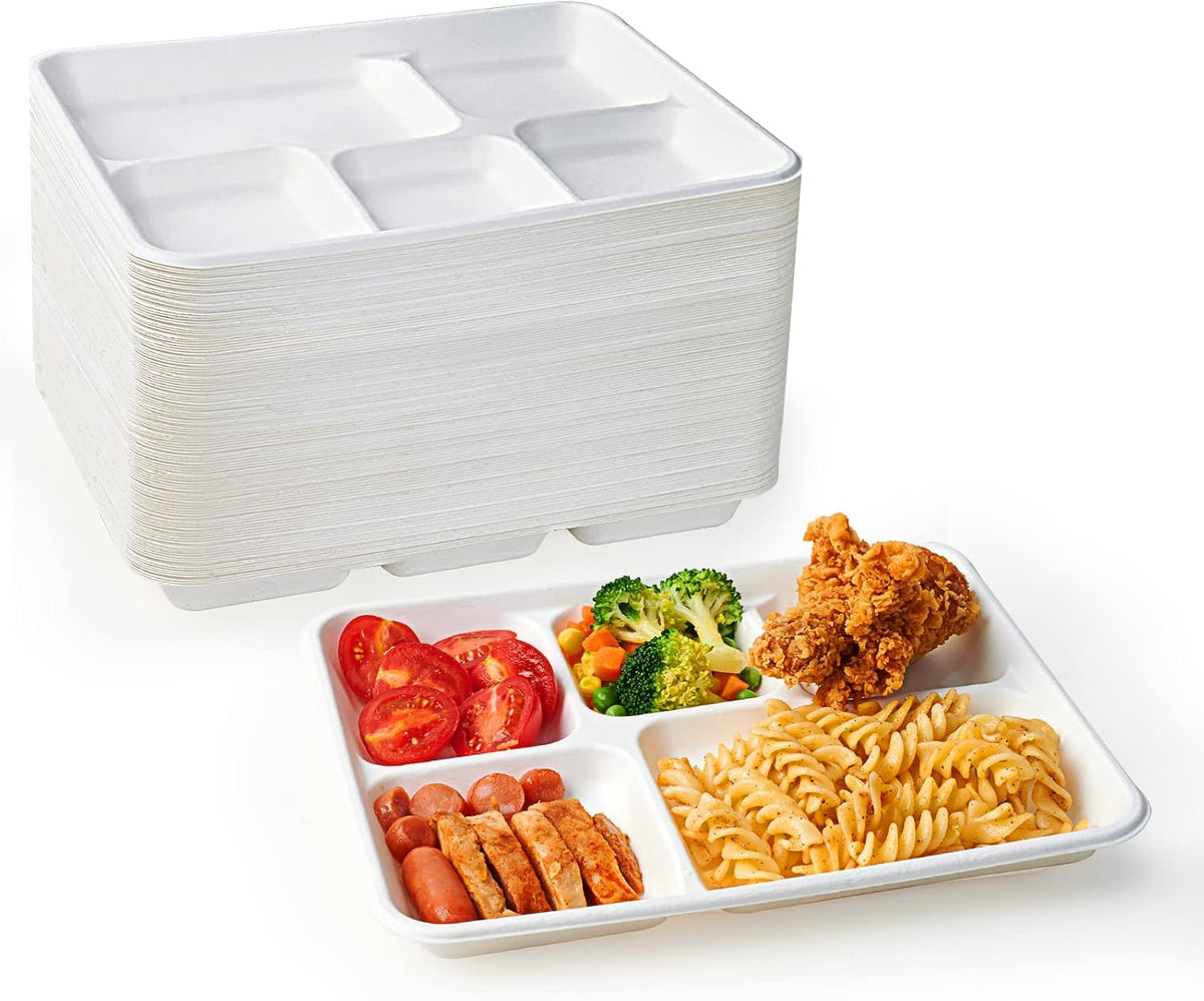 Compostable Disposable 5 Compartment Paper Plates, 10.25inch