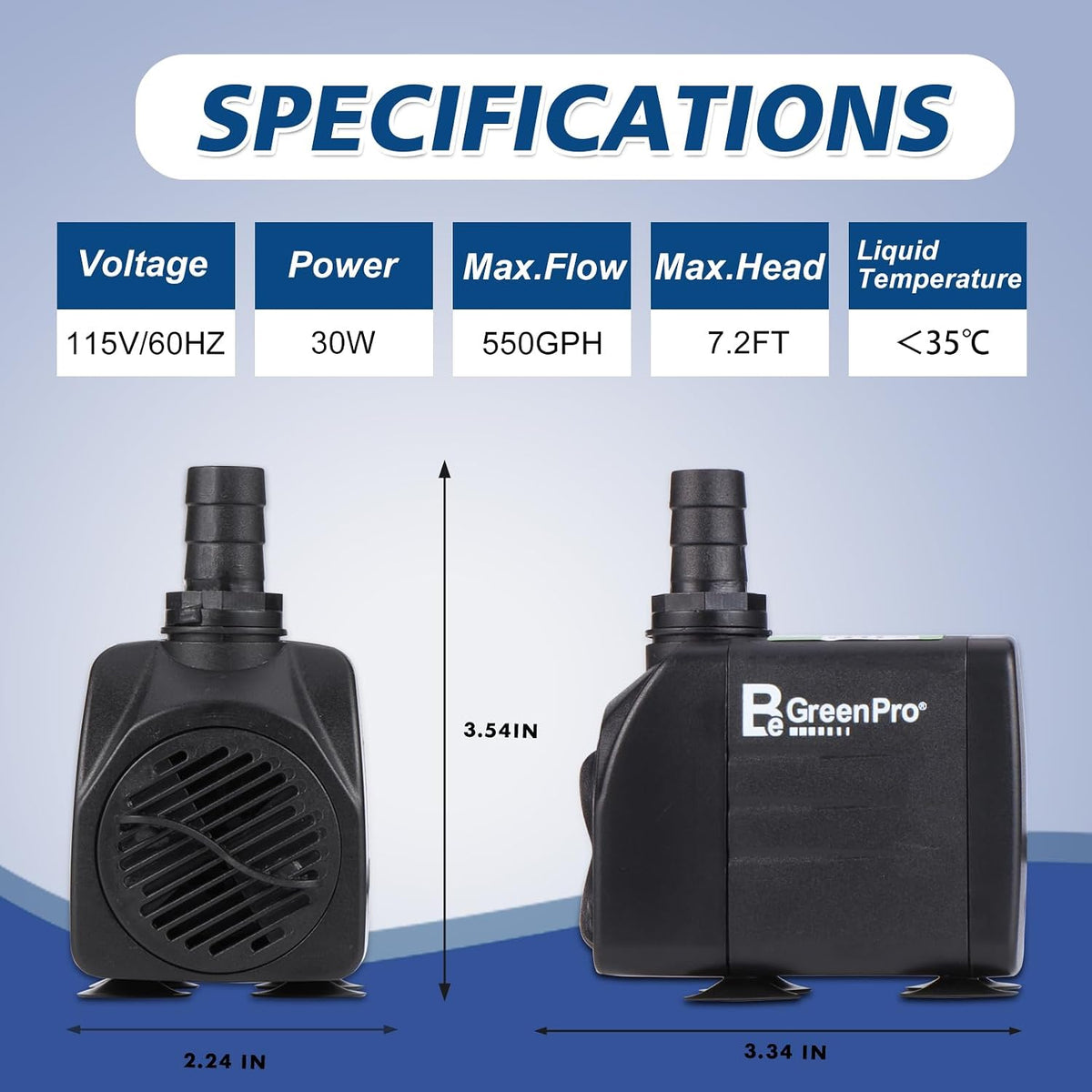 550GPH Submersible Water Pump(2000L/H 30W), Adjustable Ultra Quiet Fountain Pump with 4 Nozzles 7.2ft High Lift for