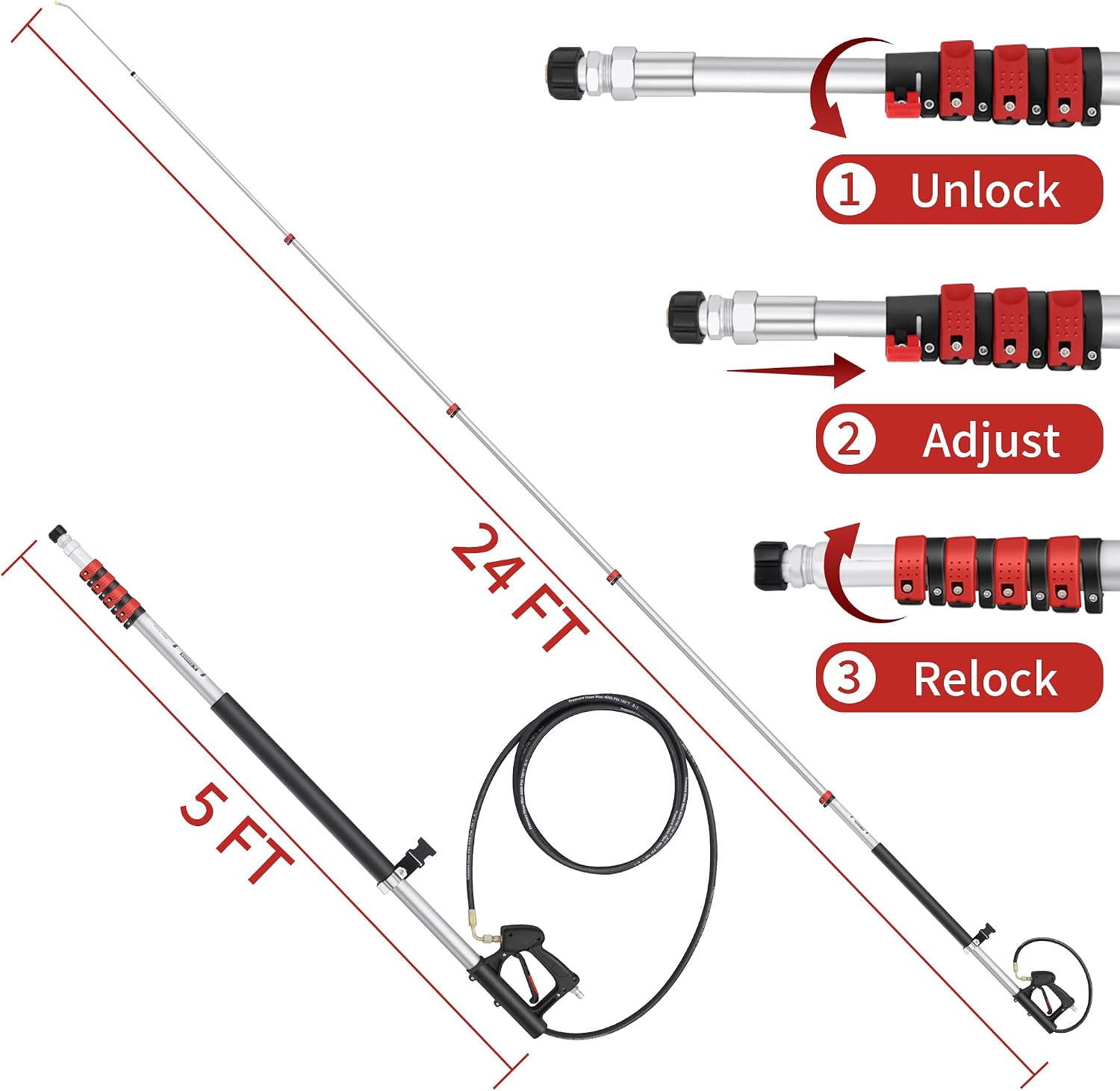 24 FT Gutter Cleaning Tools from The Ground - Telescoping Pressure Washer Wand - Gutter Cleaner Attachment with Power